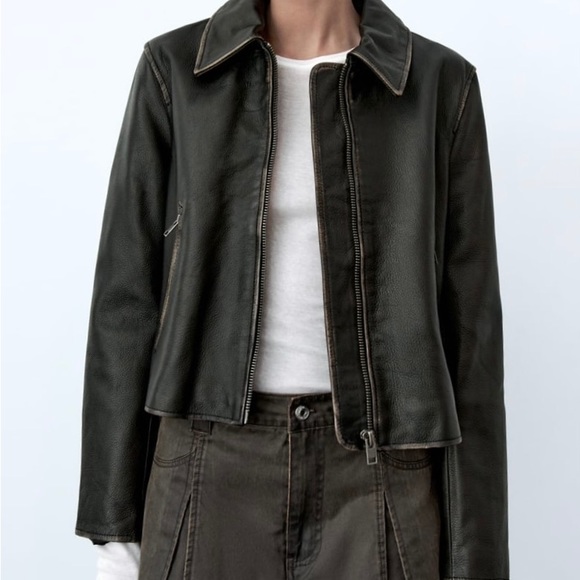 Zara Distressed Brown Leather Jacket - Picture 1 of 16
